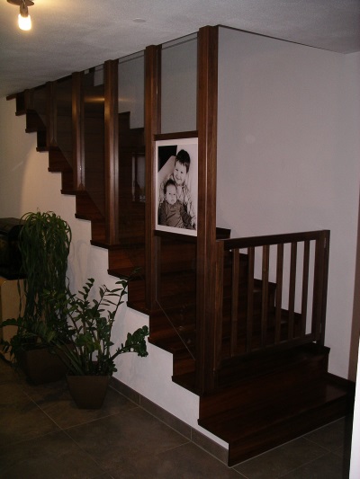 Treppenstufen und Geländer mit Glas in Nußbaum